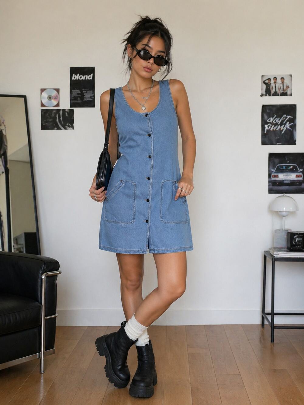 LIZ WEAR Denim Button Front Jumper DRESS Pockets Sleeveless Blue size Medium